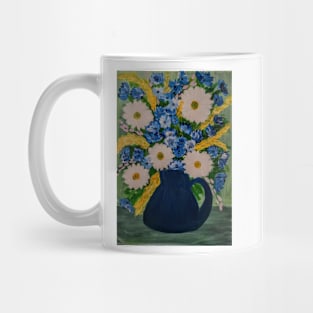 A still life painting of mixed flowers in a blue jug vase Mug